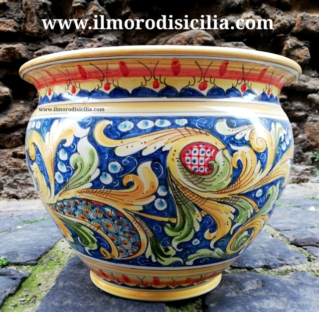 Vaso in ceramica siciliana realizzato al tornio decoro Barocco Palermo,  smalto opaco - Misure h 40x30 cm