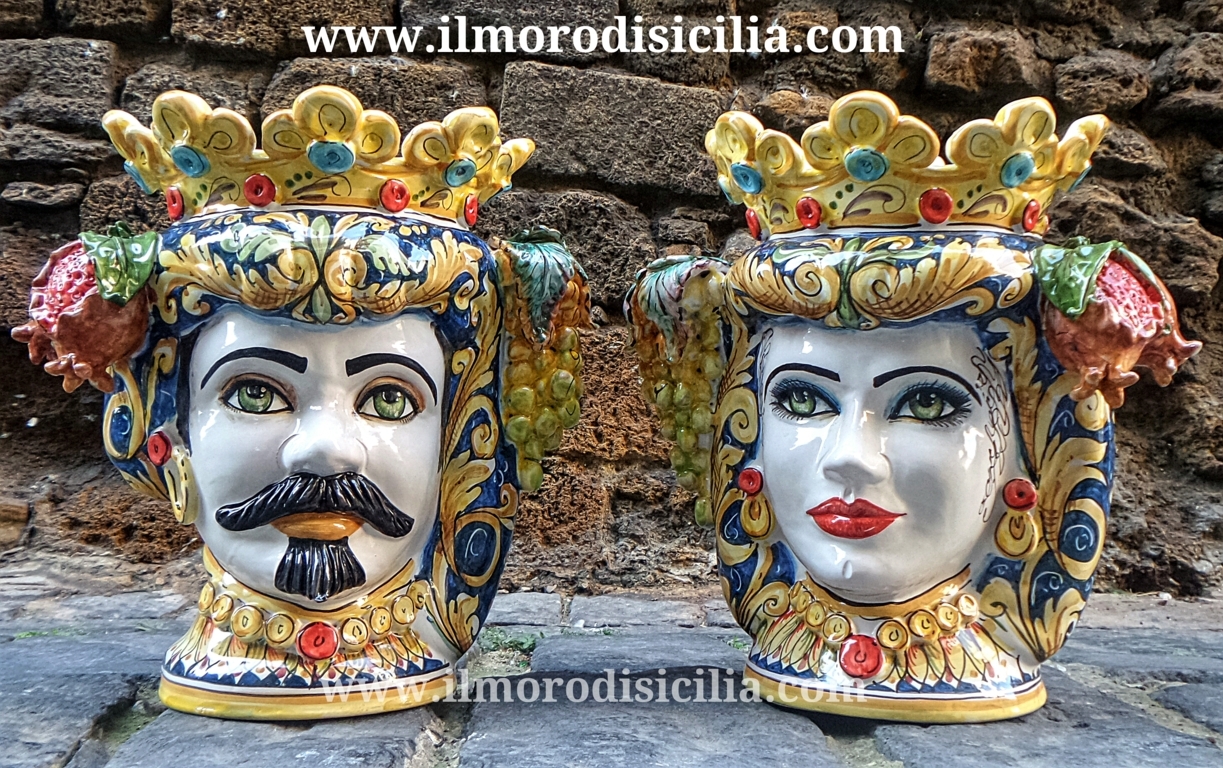 teste di moro Siciliane Vaso in ceramica di Caltagirone H18 testa uomo e donna 